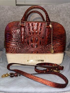 BRAHMIN Duxbury Satchel Pecan Ivory Melbourne Croc Embossed Leather Bag NEW